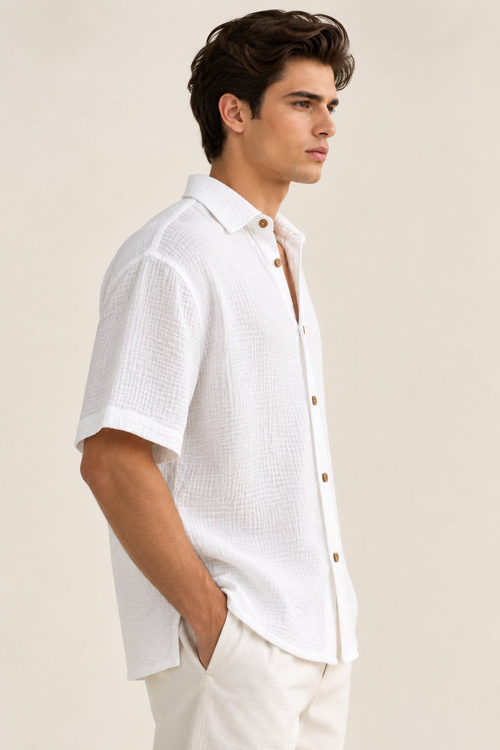 White Crinkle Textured Short Sleeve Shirt