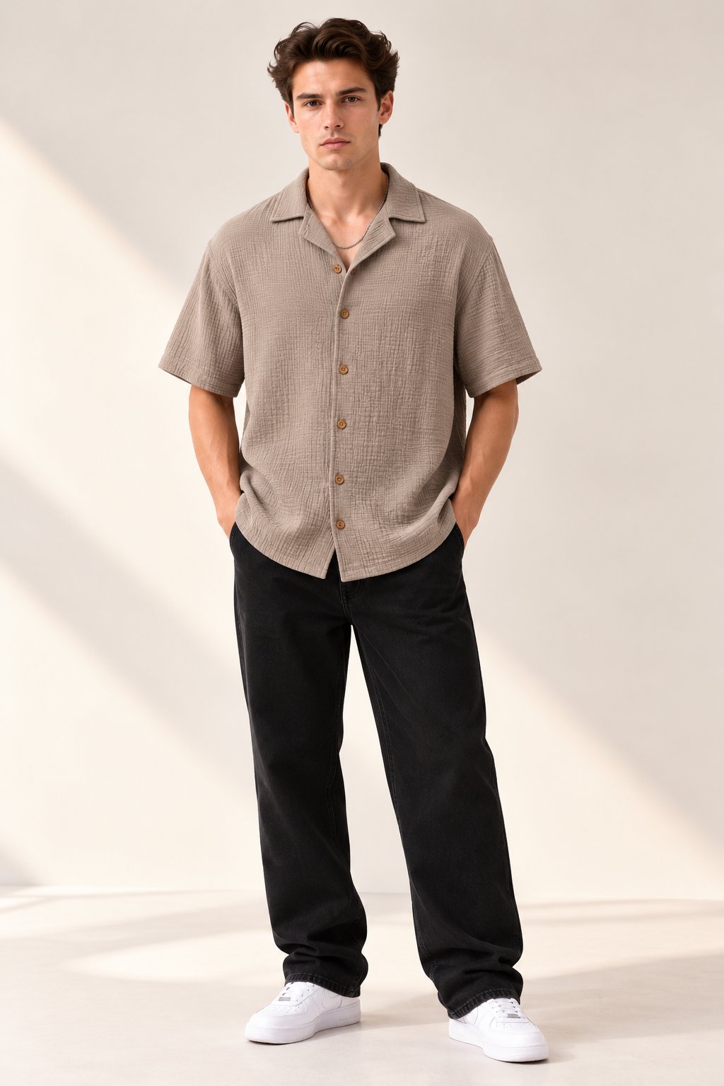 Mocha Beige Textured Short Sleeve Shirt