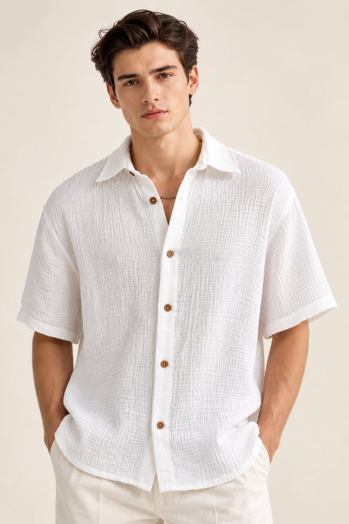 White Crinkle Textured Short Sleeve Shirt