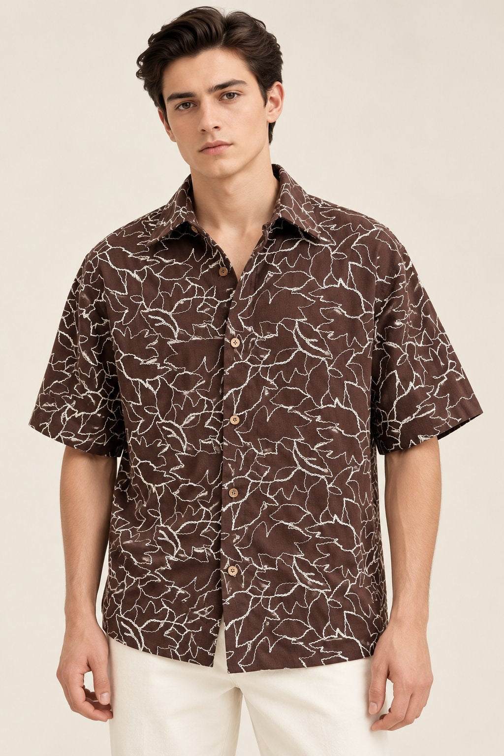 Chocolate Brown Leaf Embroidered Shirt