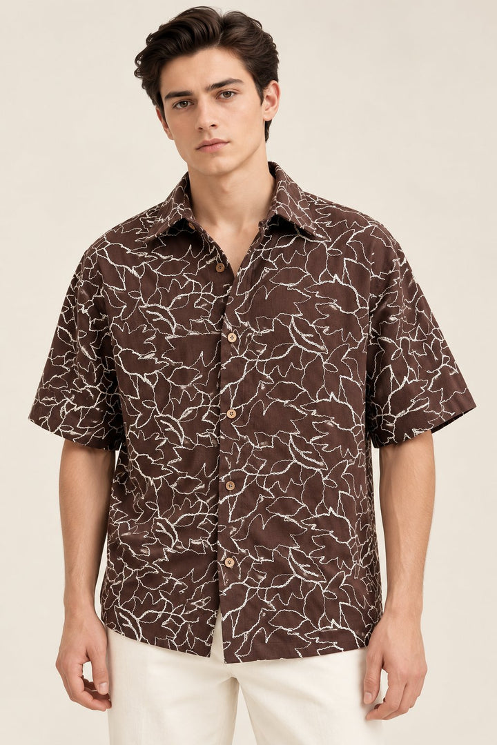Chocolate Brown Leaf Embroidered Shirt