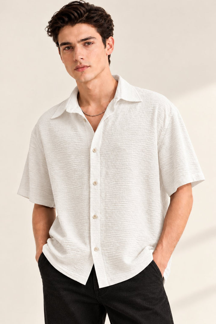 White Textured Half Sleeve Shirt