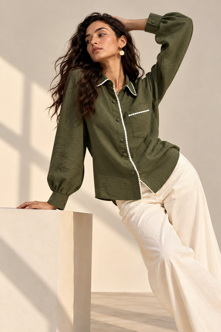 Olive Green Shirt with White Edge Detailing