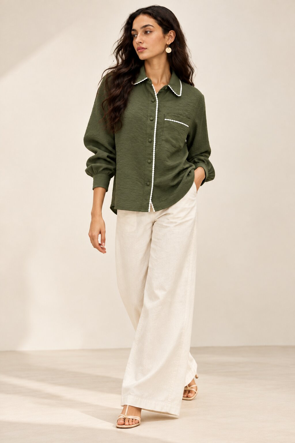 Olive Green Shirt with White Edge Detailing