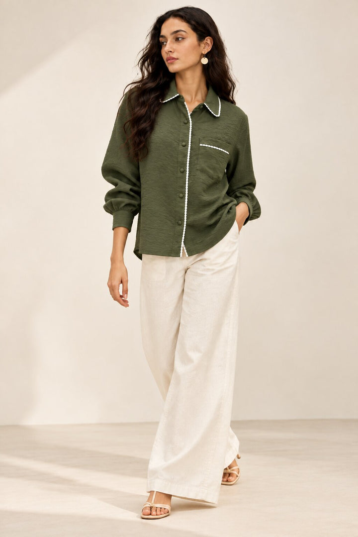 Olive Green Shirt with White Edge Detailing