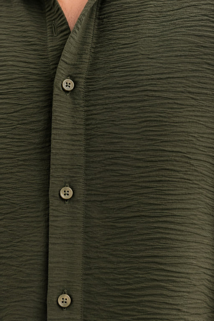 Olive Green Crinkle Textured Short Sleeve Shirt