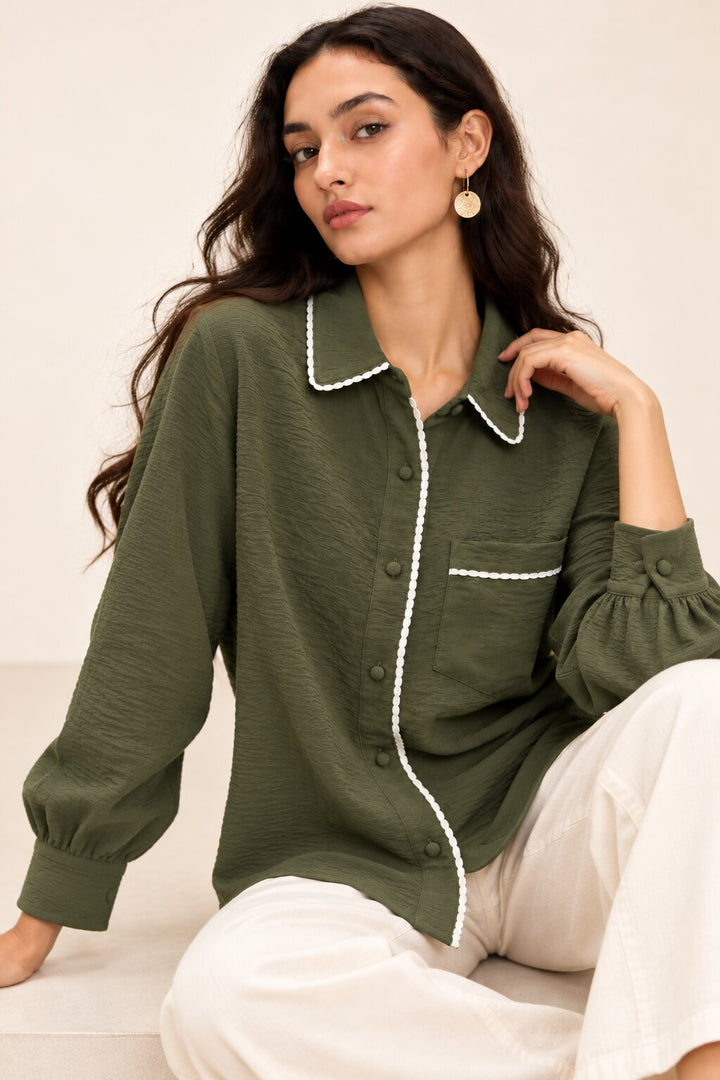 Olive Green Shirt with White Edge Detailing