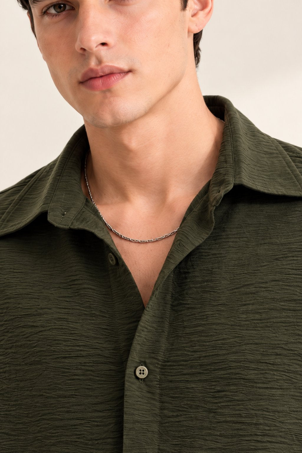 Olive Green Crinkle Textured Short Sleeve Shirt