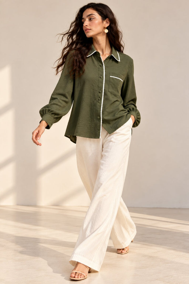 Olive Green Shirt with White Edge Detailing