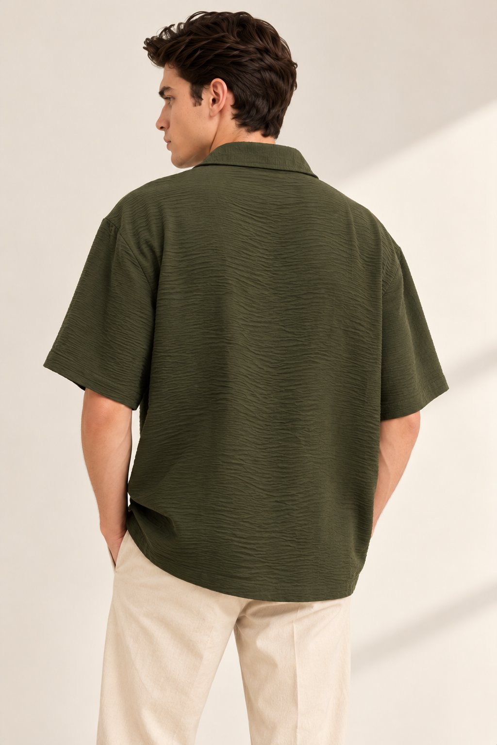 Olive Green Crinkle Textured Short Sleeve Shirt