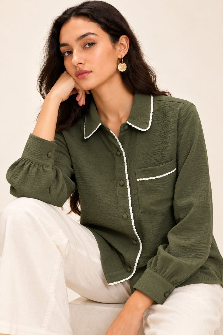 Olive Green Shirt with White Edge Detailing