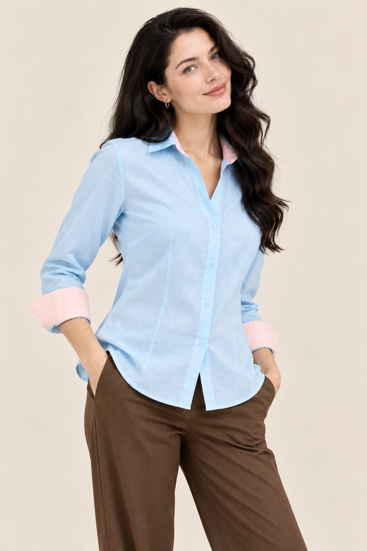 Blue Shirt with Peach Contrast Cuffs