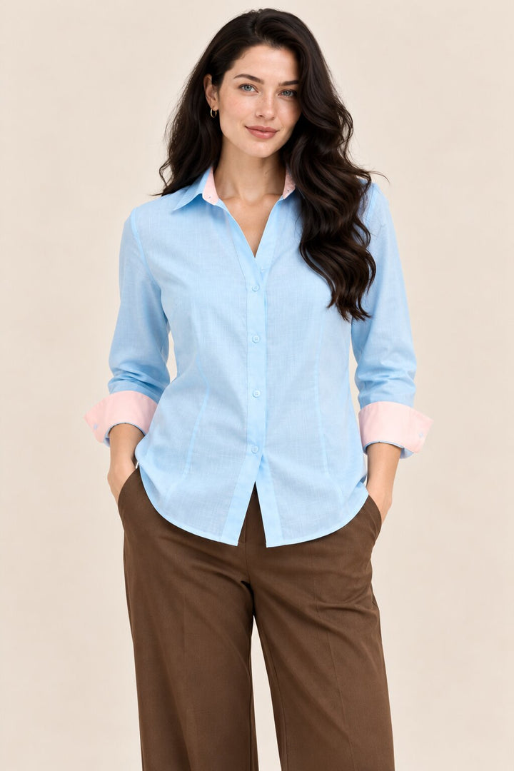 Blue Shirt with Peach Contrast Cuffs