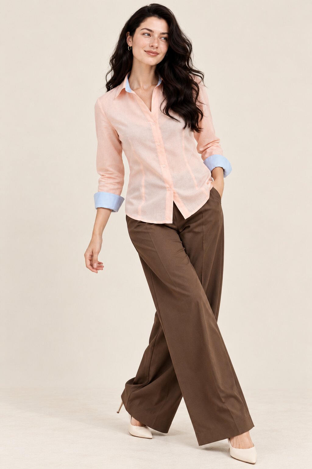 Peach Pink Shirt with Blue Contrast Cuffs
