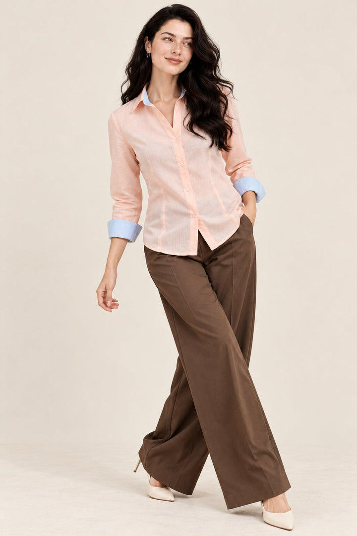Peach Pink Shirt with Blue Contrast Cuffs