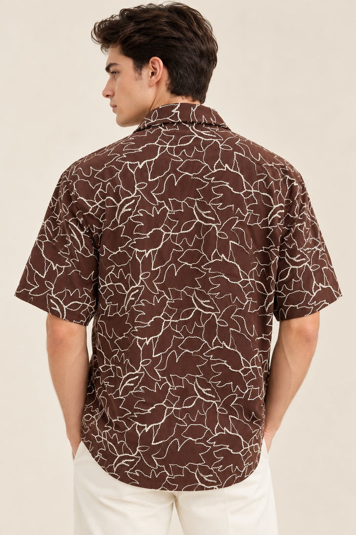 Chocolate Brown Leaf Embroidered Shirt