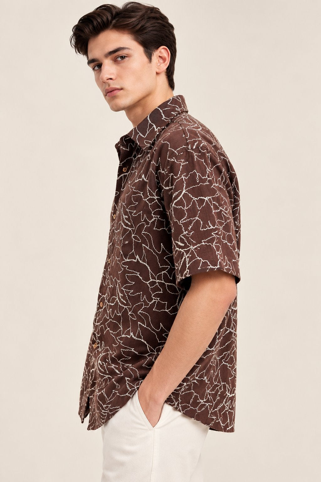Chocolate Brown Leaf Embroidered Shirt