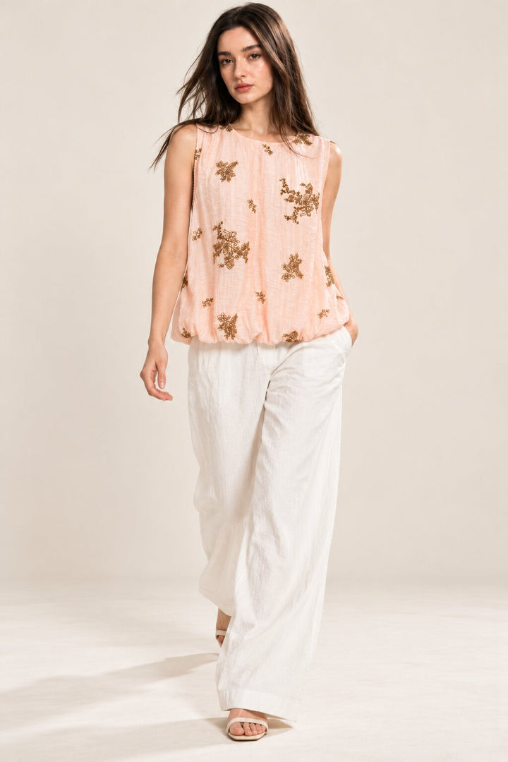 Peach Floral Embroidered Sleeveless Bubble Top