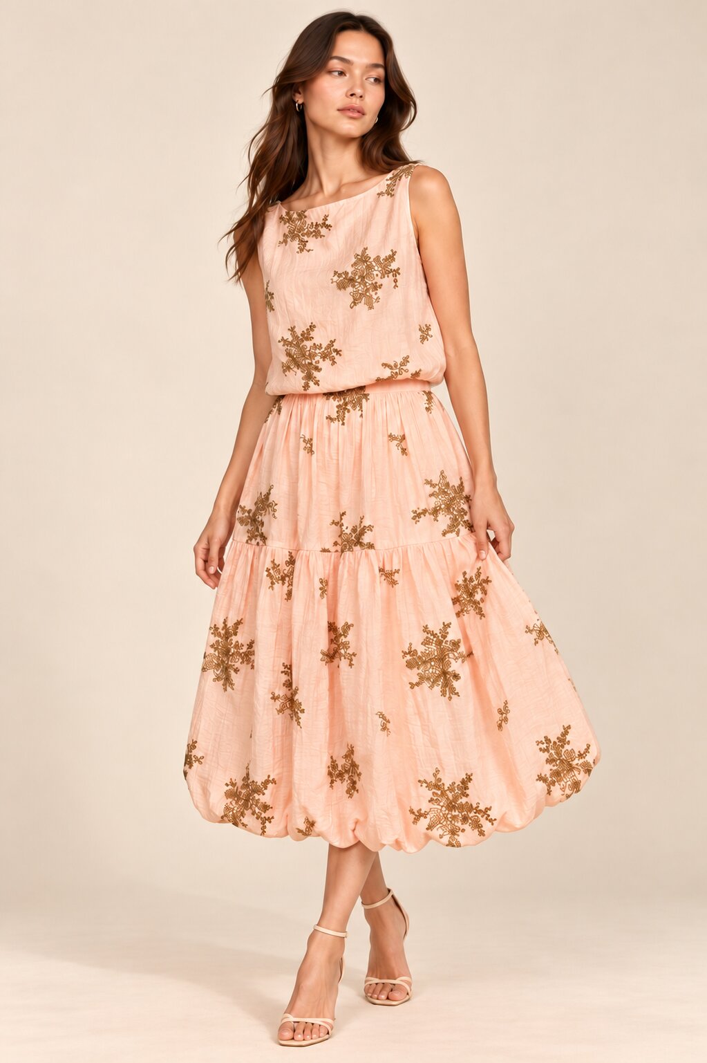 Blush Peach Embroidered Balloon-Hem Coord Set