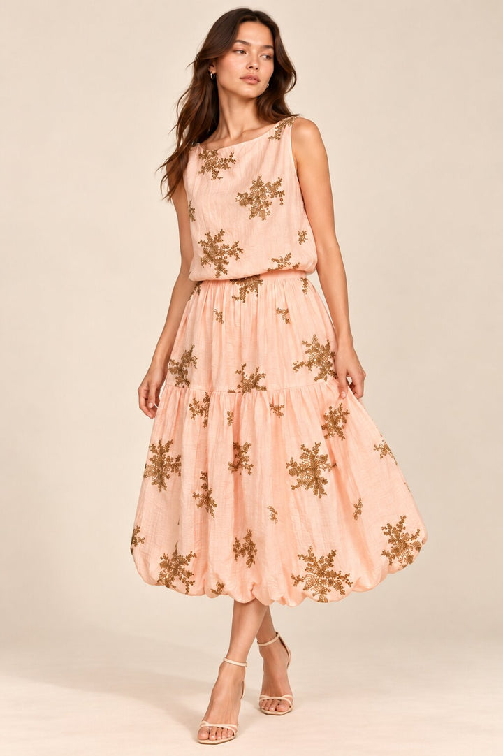 Blush Peach Embroidered Balloon-Hem Coord Set
