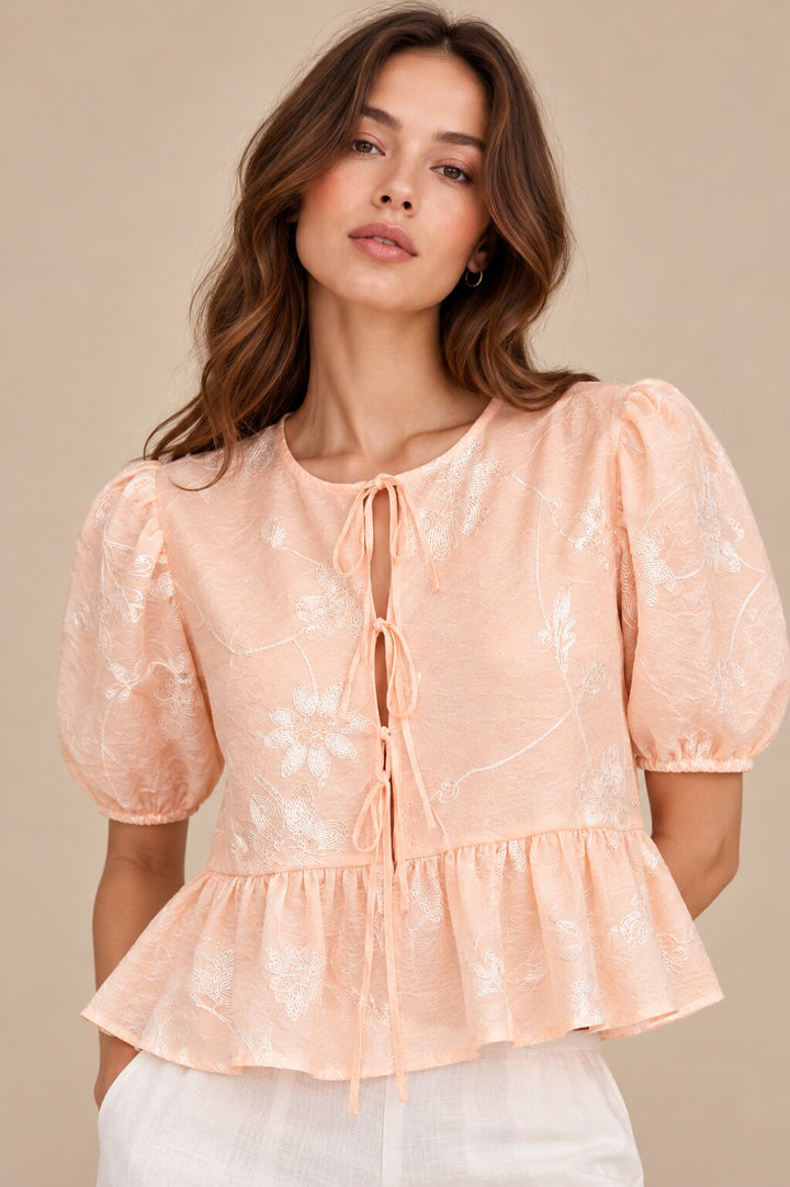 Peach Floral Embroidered Puff Sleeve Top