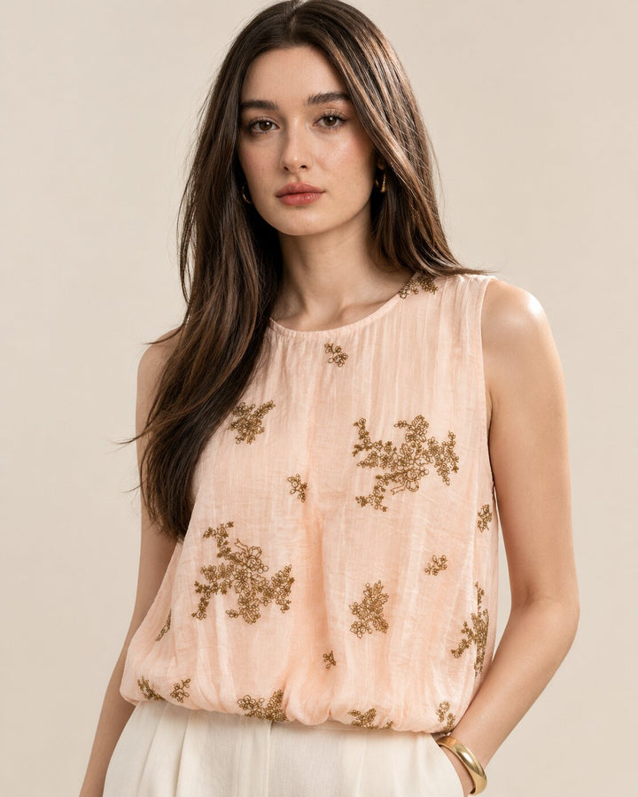 Peach Floral Embroidered Sleeveless Bubble Top