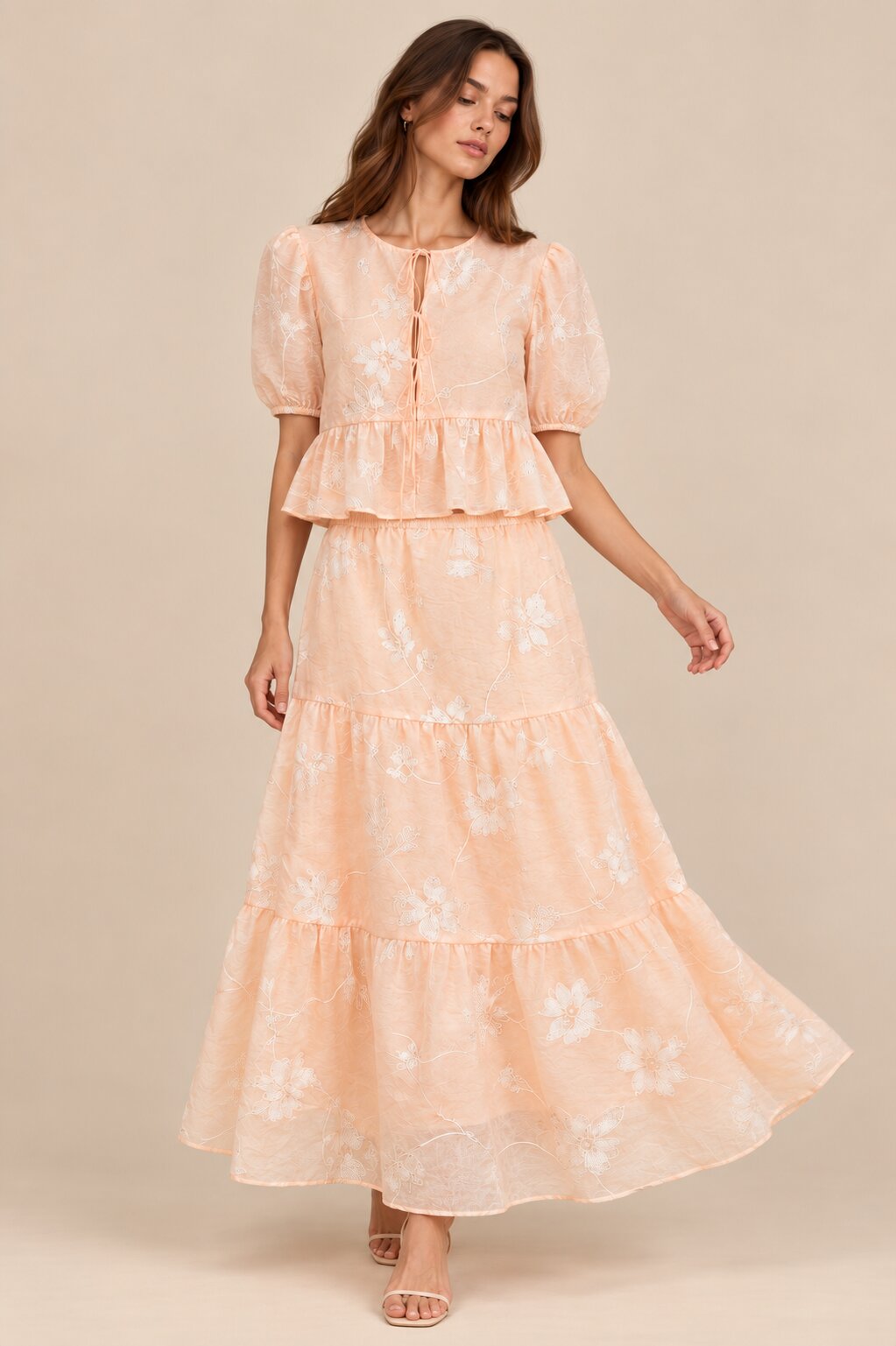 Peach Floral Embroidered Co-ord Set