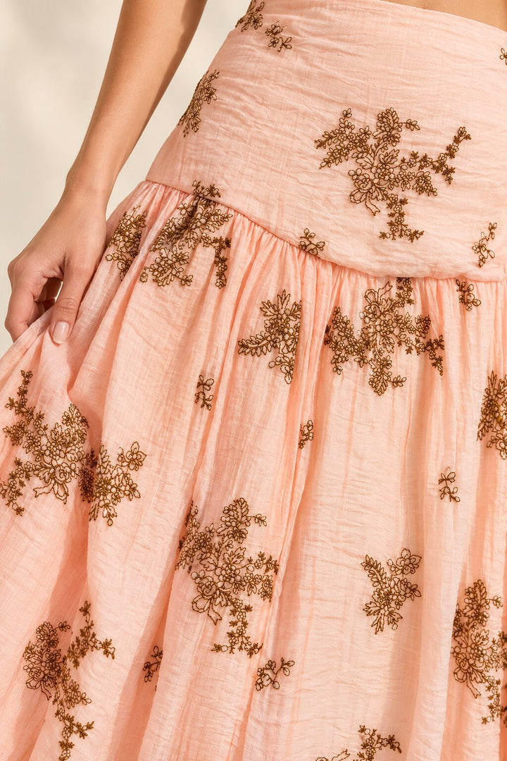 Blush Peach Embroidered Balloon-Hem Skirt