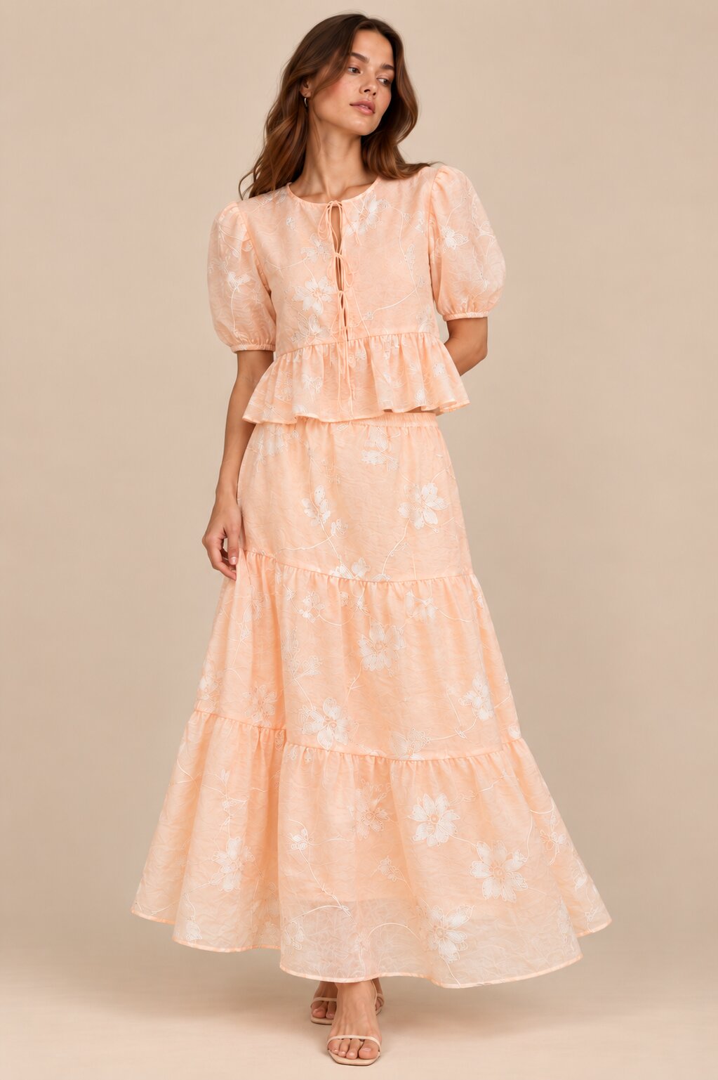 Peach Floral Embroidered Co-ord Set