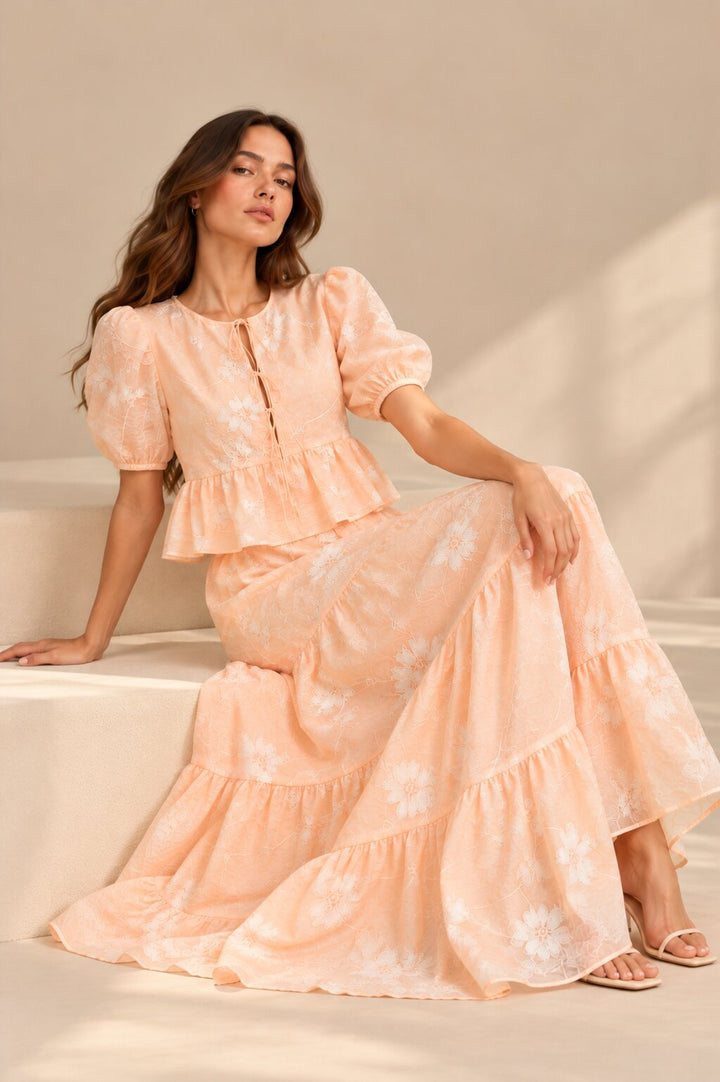 Peach Floral Embroidered Co-ord Set