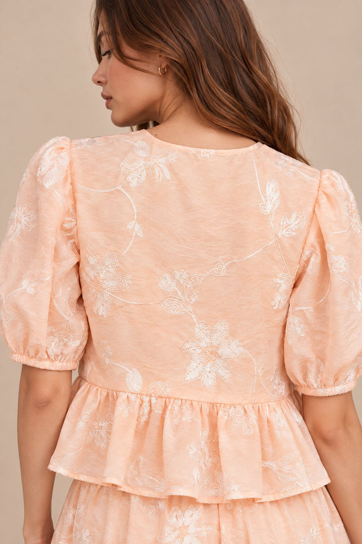 Peach Floral Embroidered Puff Sleeve Top
