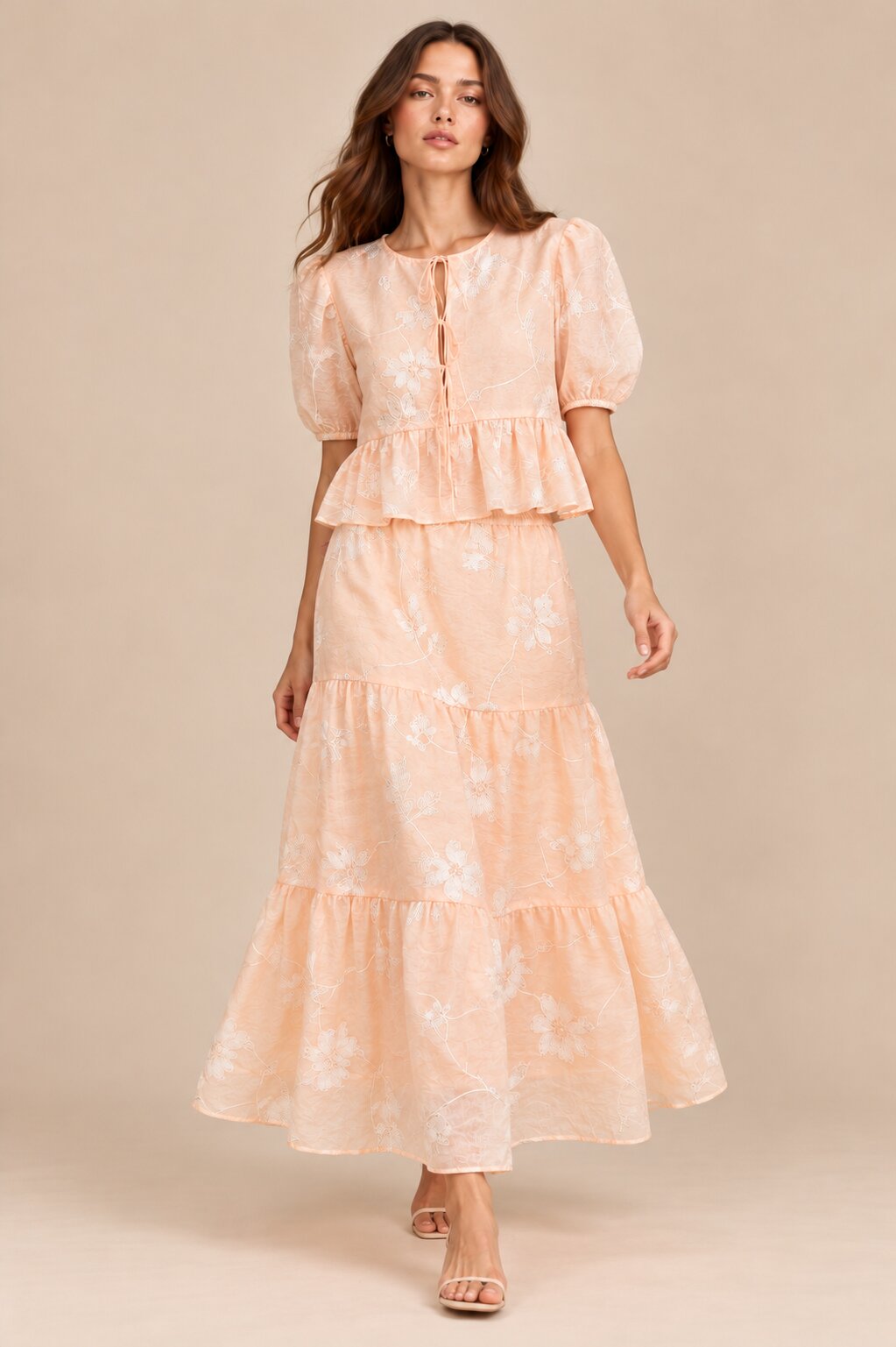 Peach Floral Embroidered Co-ord Set