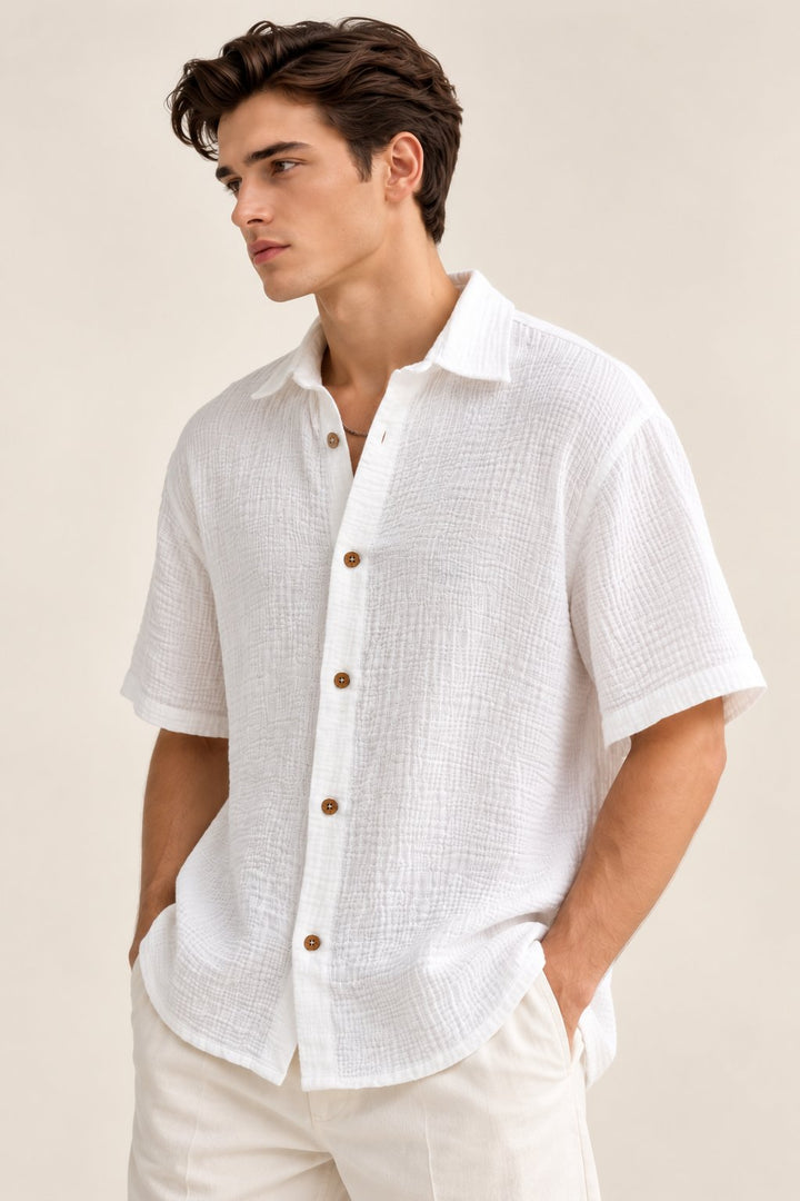 White Crinkle Textured Short Sleeve Shirt