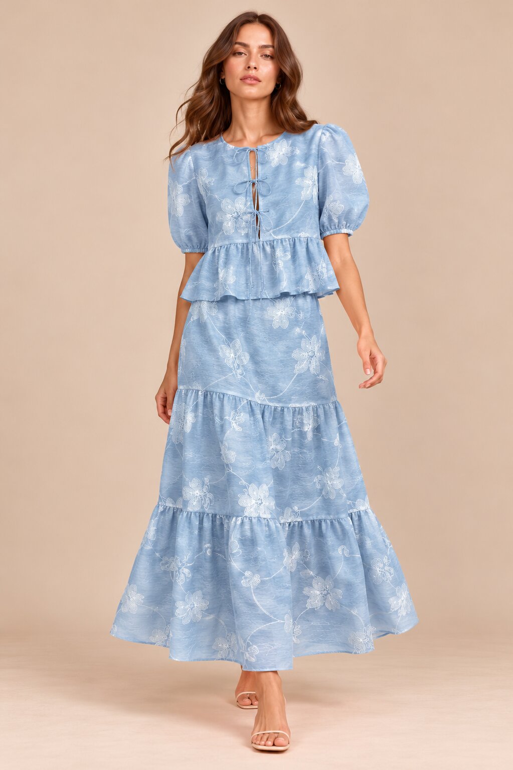 Blue Floral Embroidered Puff Sleeve Top