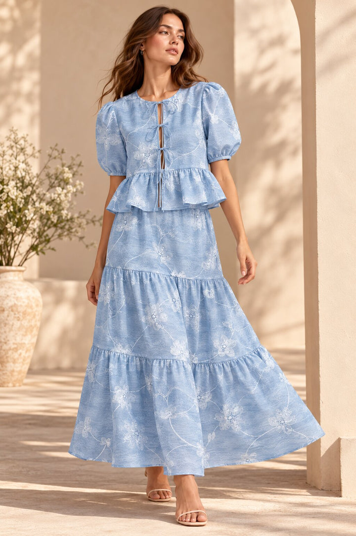 Blue Floral Embroidered Puff Sleeve Top