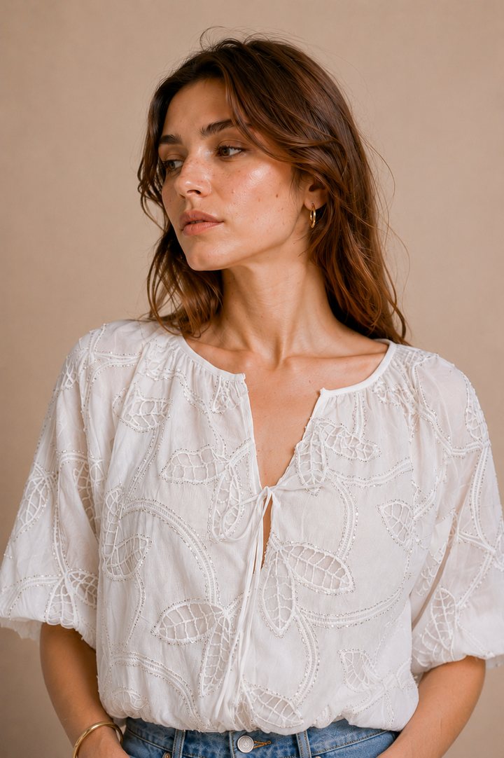 Leaf Cutwork Embroidered Front-Tie Crop Top
