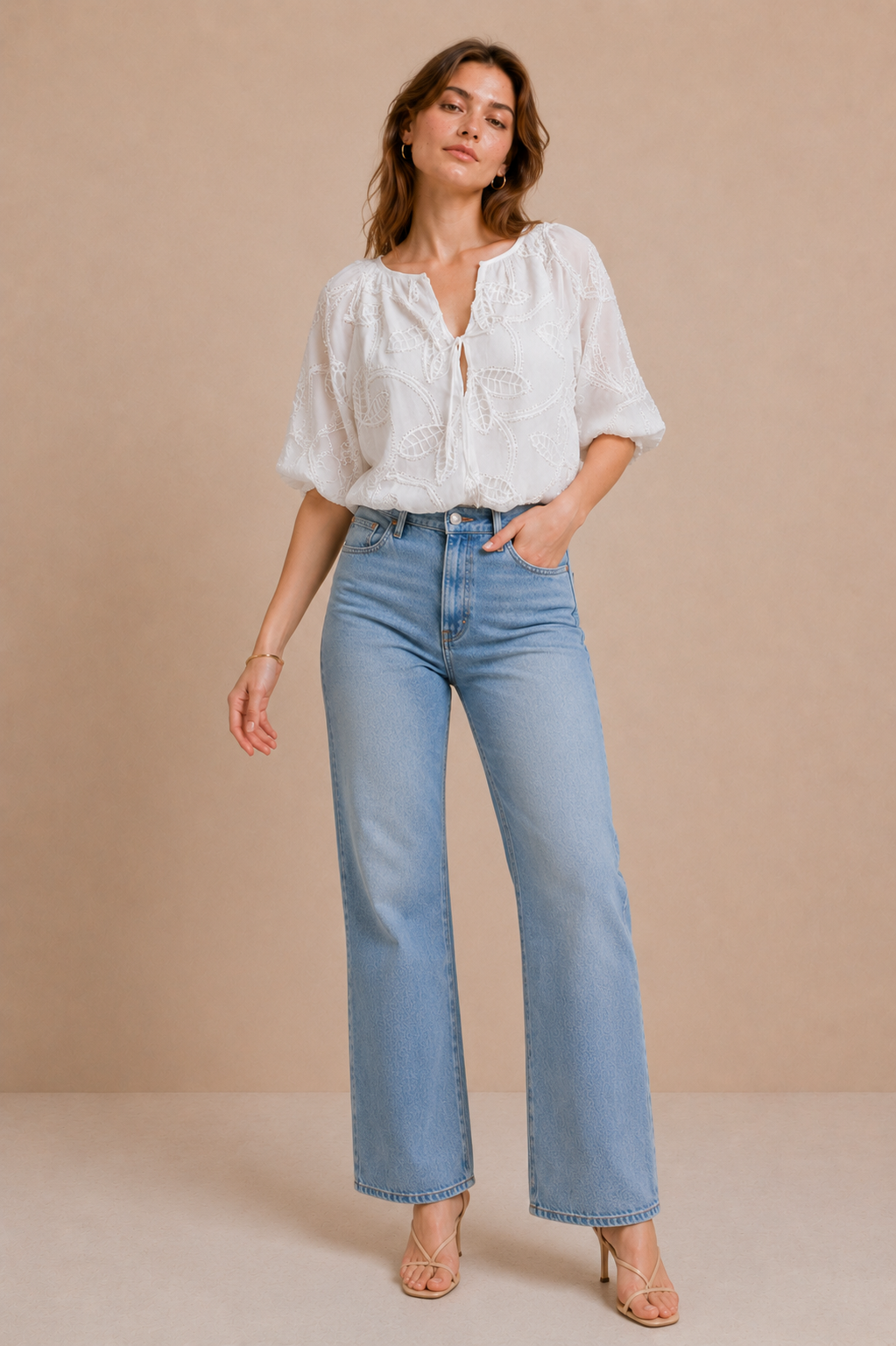Leaf Cutwork Embroidered Front-Tie Crop Top