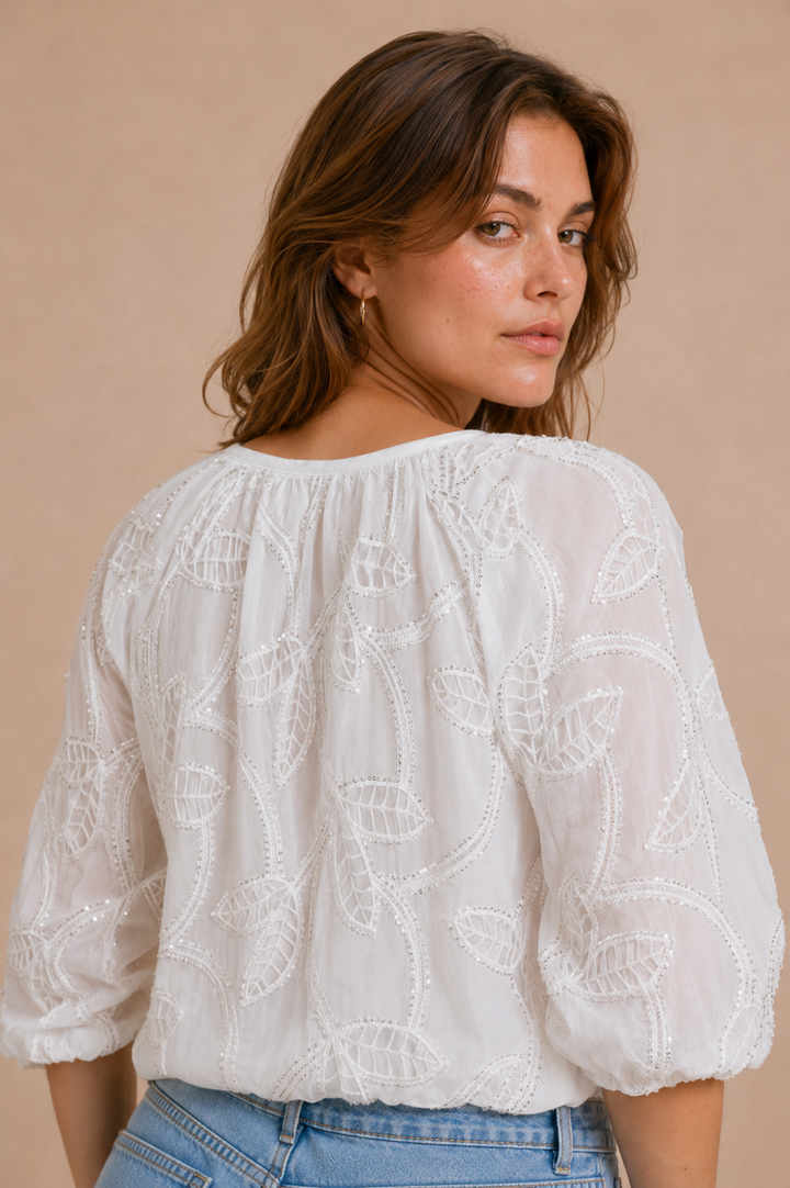 Leaf Cutwork Embroidered Front-Tie Crop Top