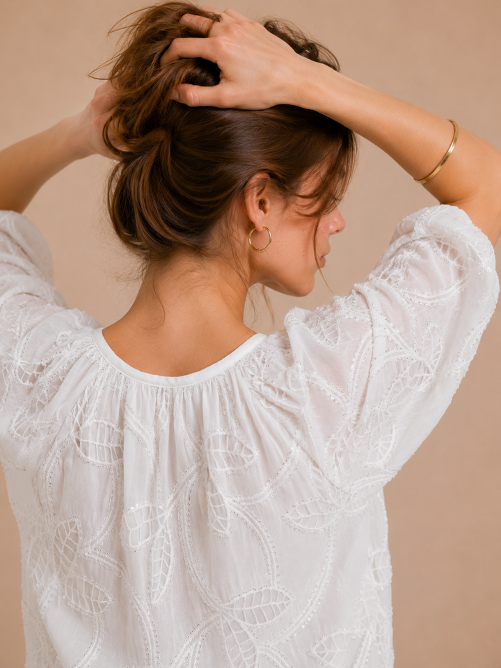 Leaf Cutwork Embroidered Front-Tie Crop Top