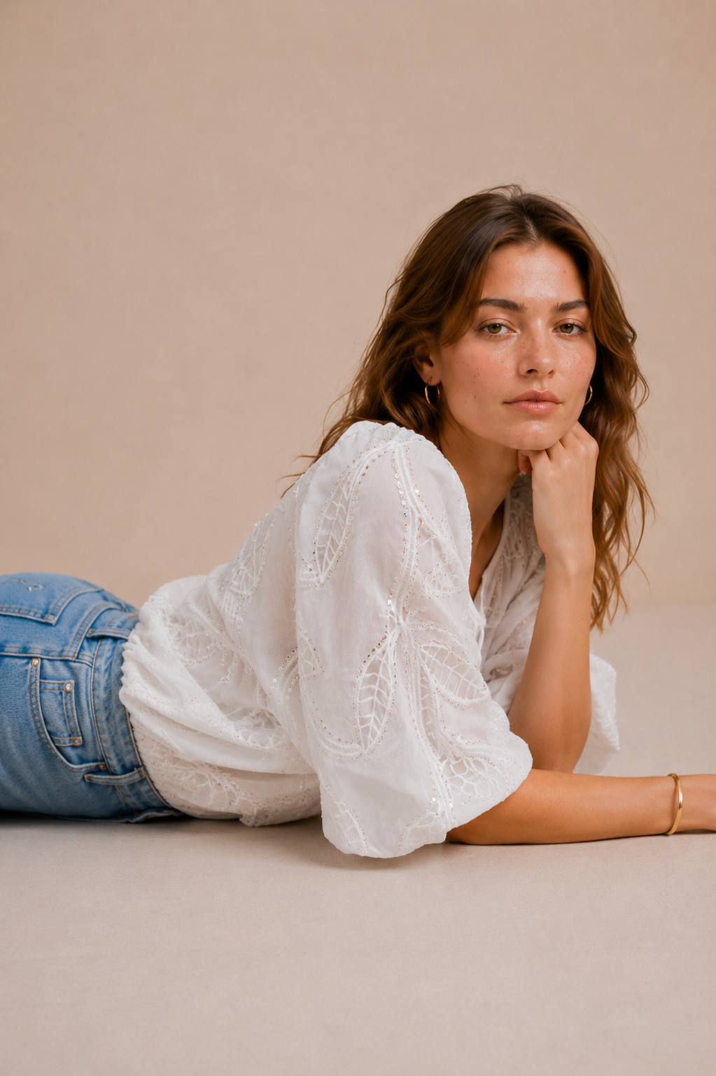 Leaf Cutwork Embroidered Front-Tie Crop Top