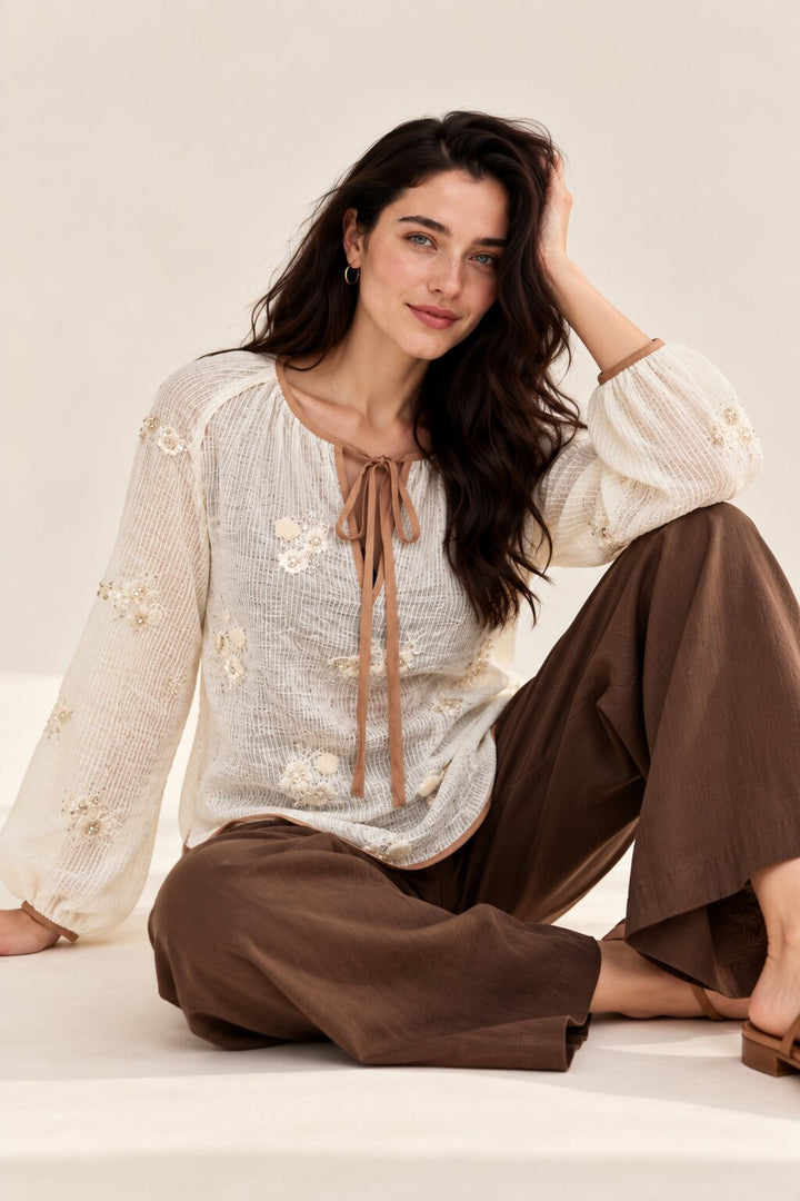 Ivory Floral Sequin Embellished Blouse with Tie-Up Neckline