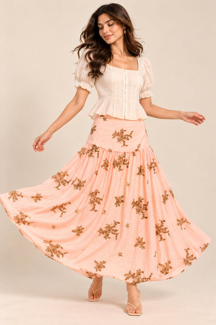 Blush Peach Embroidered Balloon-Hem Skirt