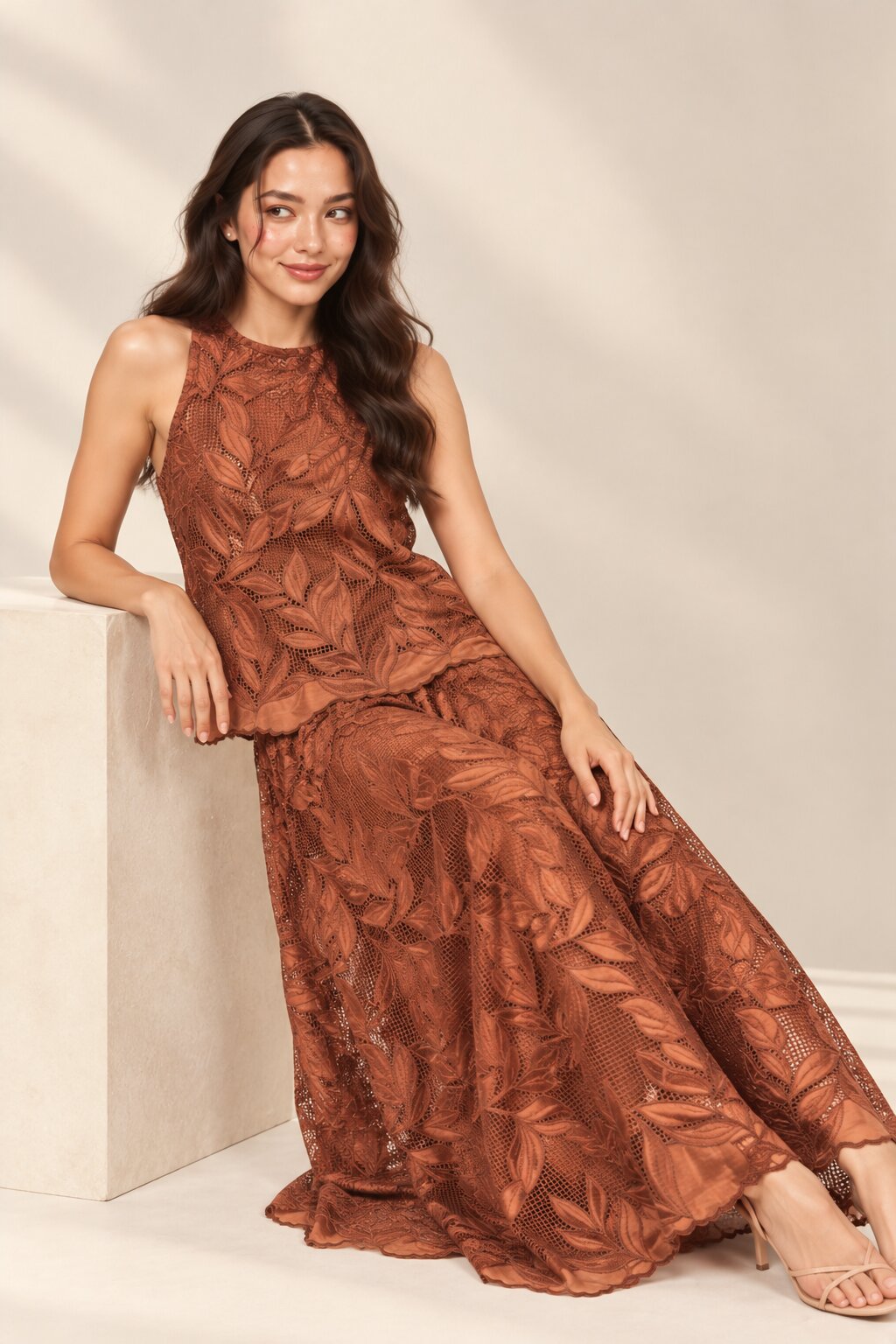 Rust Brown Leaf Embroidered Top &amp; Maxi Skirt Co-ord Set