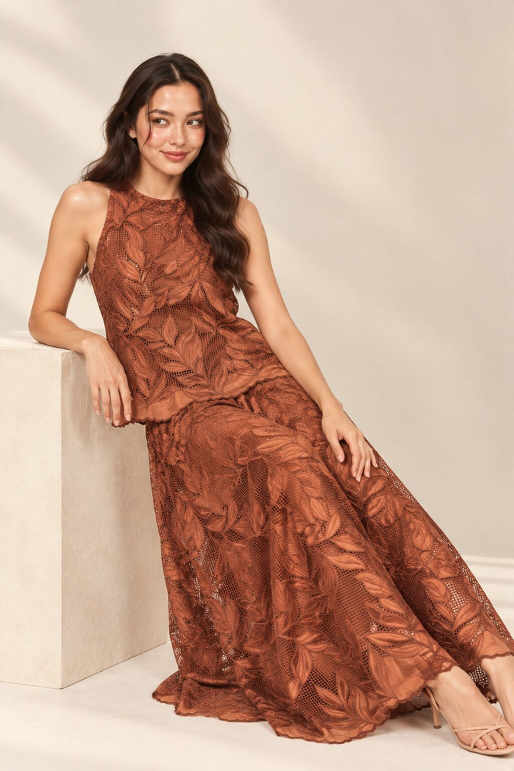 Rust Brown Leaf Embroidered Top &amp; Maxi Skirt Co-ord Set