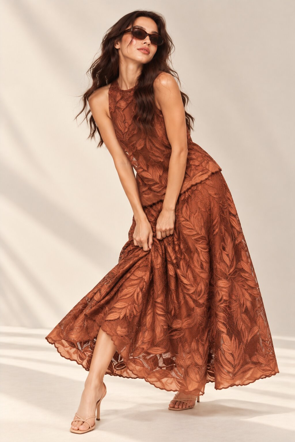 Rust Brown Leaf Embroidered Top &amp; Maxi Skirt Co-ord Set