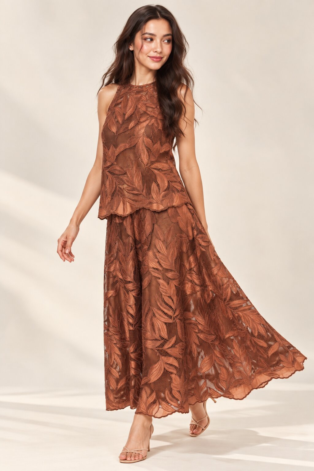 Rust Brown Leaf Embroidered Top &amp; Maxi Skirt Co-ord Set