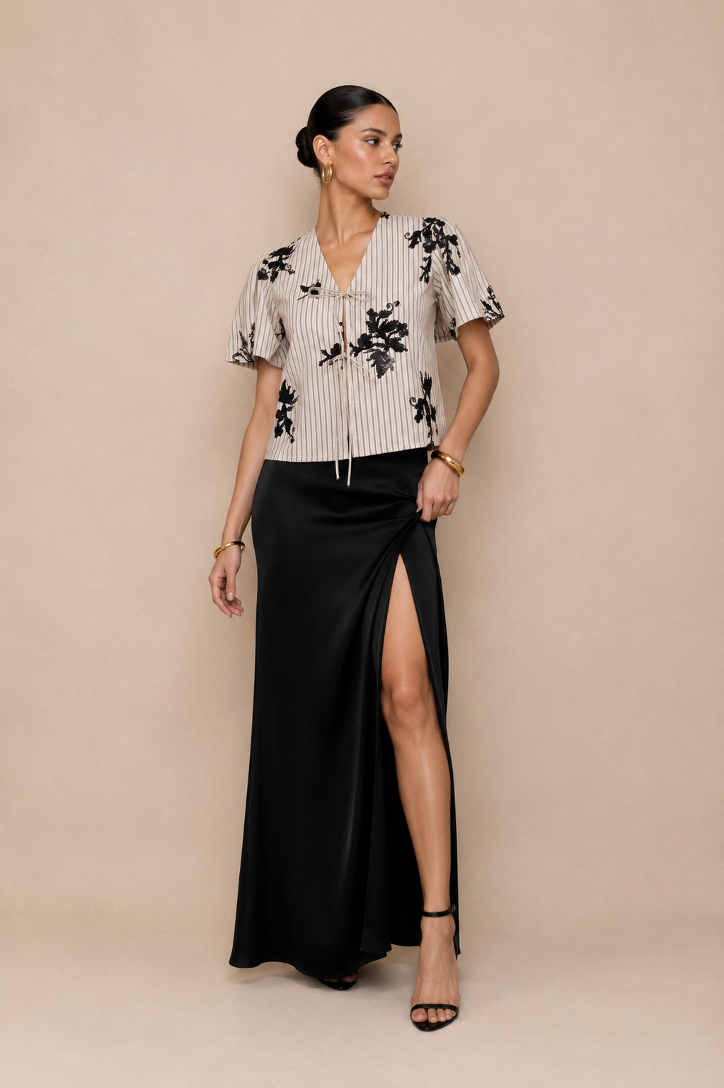 Sequin Bird Embellished Tie-Front Top