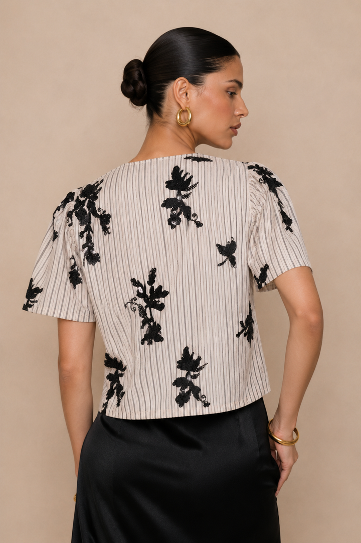 Sequin Bird Embellished Tie-Front Top