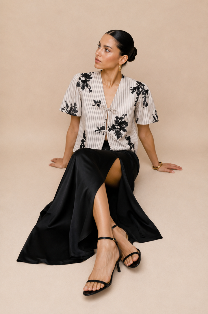 Sequin Bird Embellished Tie-Front Top