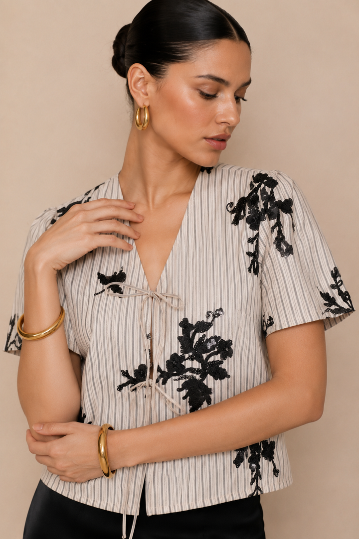 Sequin Bird Embellished Tie-Front Top